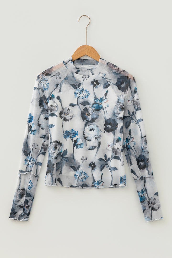 Sky Blue Floral Mesh High Neck Long Sleeve Sheath Top