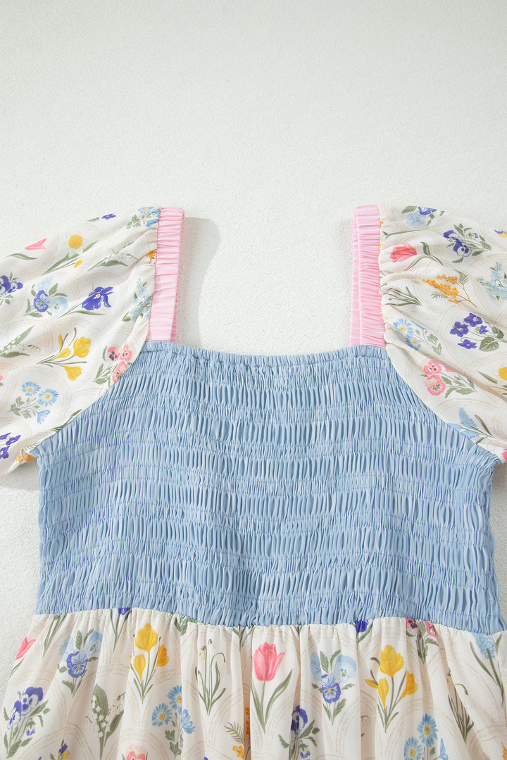 Multicolour Floral Print Striped Color Block Patchwork Square Neck Shirred Long Dress