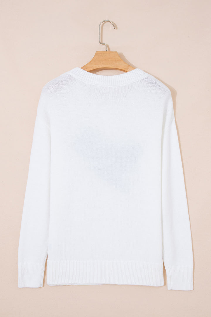 White Wild Mallard Drop Shoulder Round Neck Long Sleeve Pullover Sweater