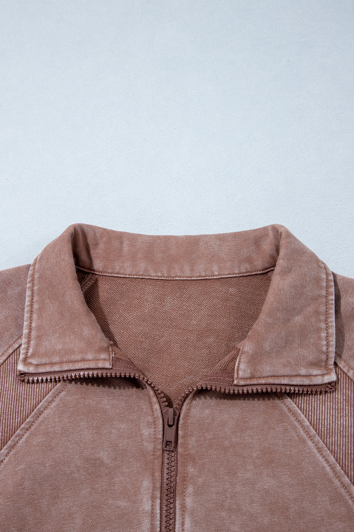 Chestnut Vintage Half-Zip Long Sleeve Ribbed Cuffs Hem Shift Silhouette Sweatshirt