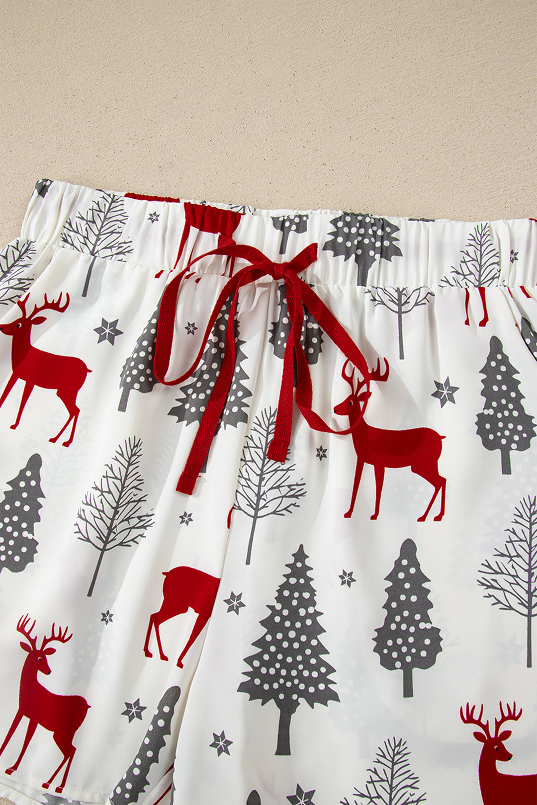 White Christmas Fashion Print Velvet Trim Bow Knot Pajama 2pcs Short Set