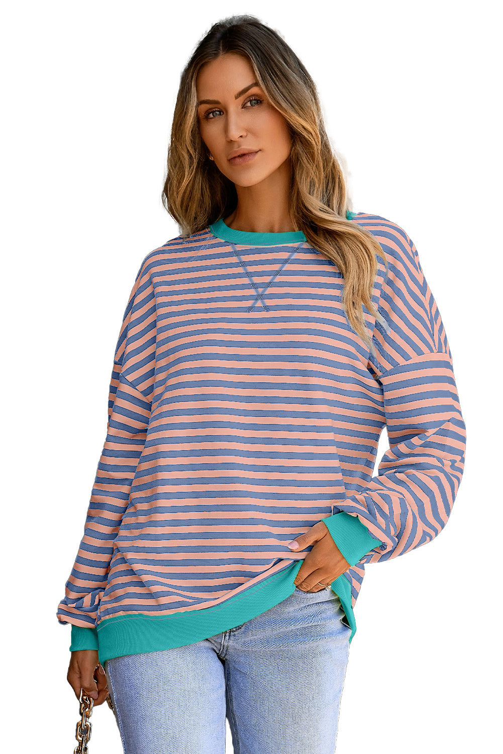 Striped Contrast Ribbed Trim Crossed Stitch Drop Shoulder Sweatshirt