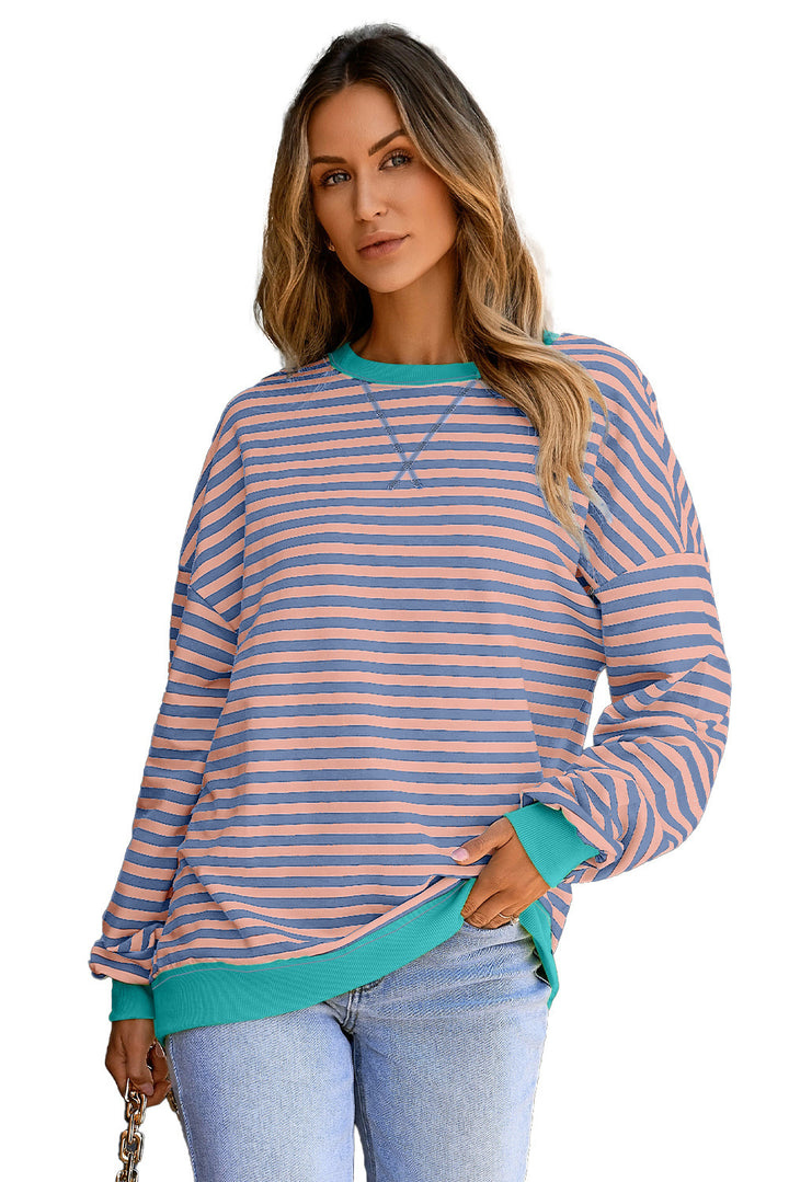 Striped Contrast Ribbed Trim Crossed Stitch Drop Shoulder Sweatshirt