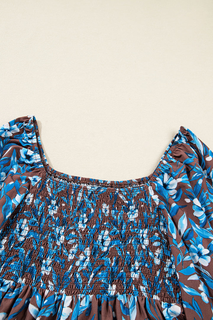 Smocked Bodice High Waist Ruffled Sleeve Floral Dress