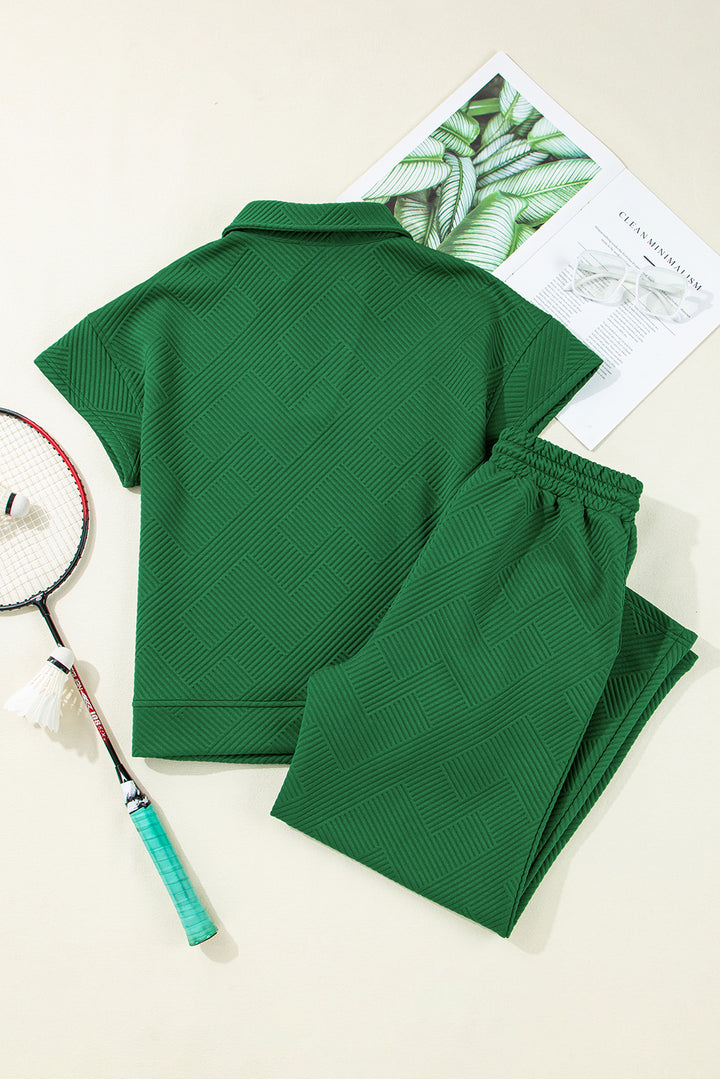 Dark Green Stylish Textured Loose Fit T Shirt and Drawstring Pants Set