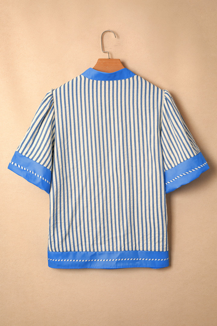 Sky Blue Stripe Color Block Detail V Neck Short Sleeve Blouse