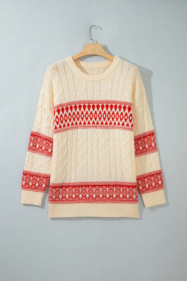 Red Western Print Round Neck Long Sleeve Shift Sweater