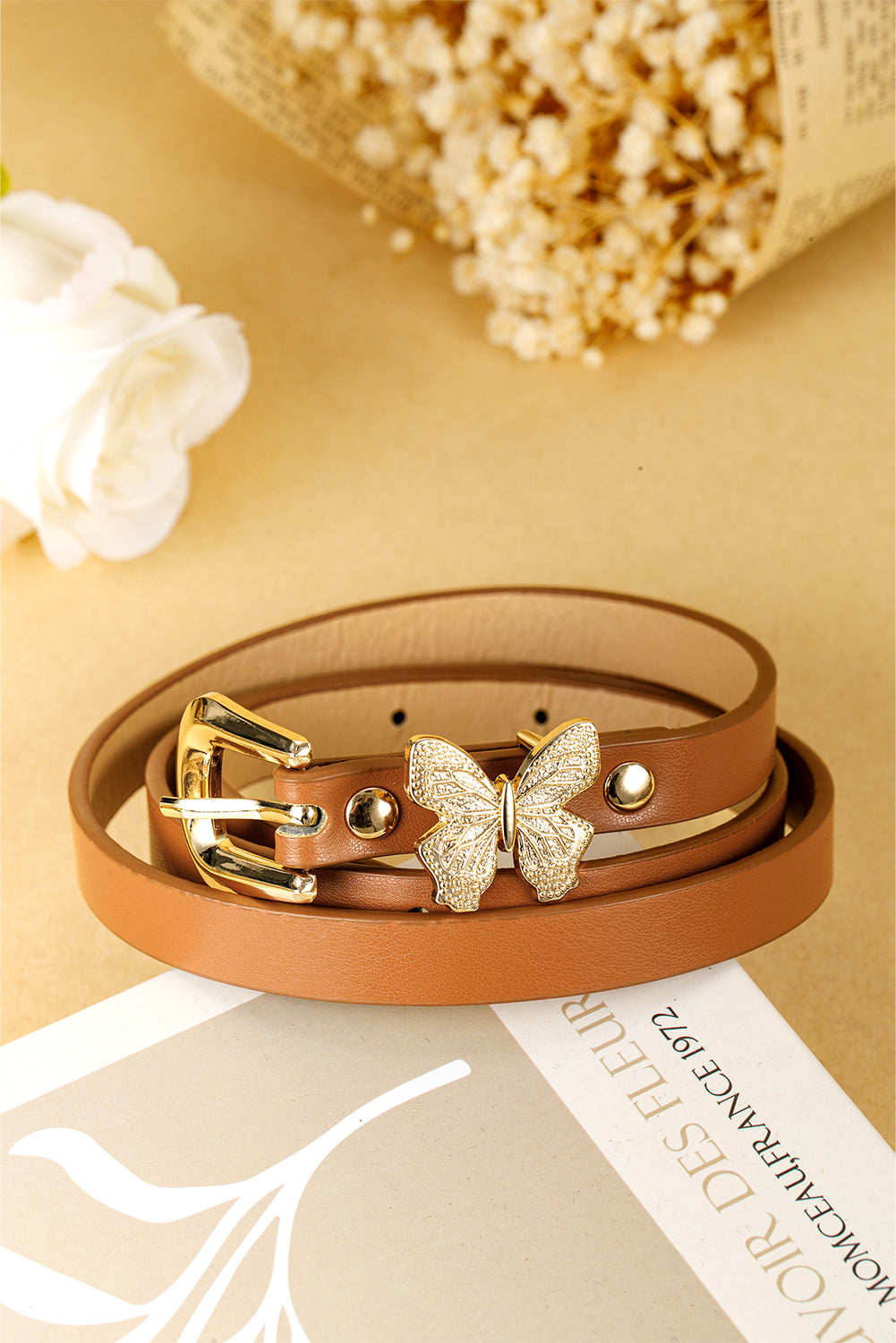 Ceinture fine en cuir PU avec boucle décorative papillon