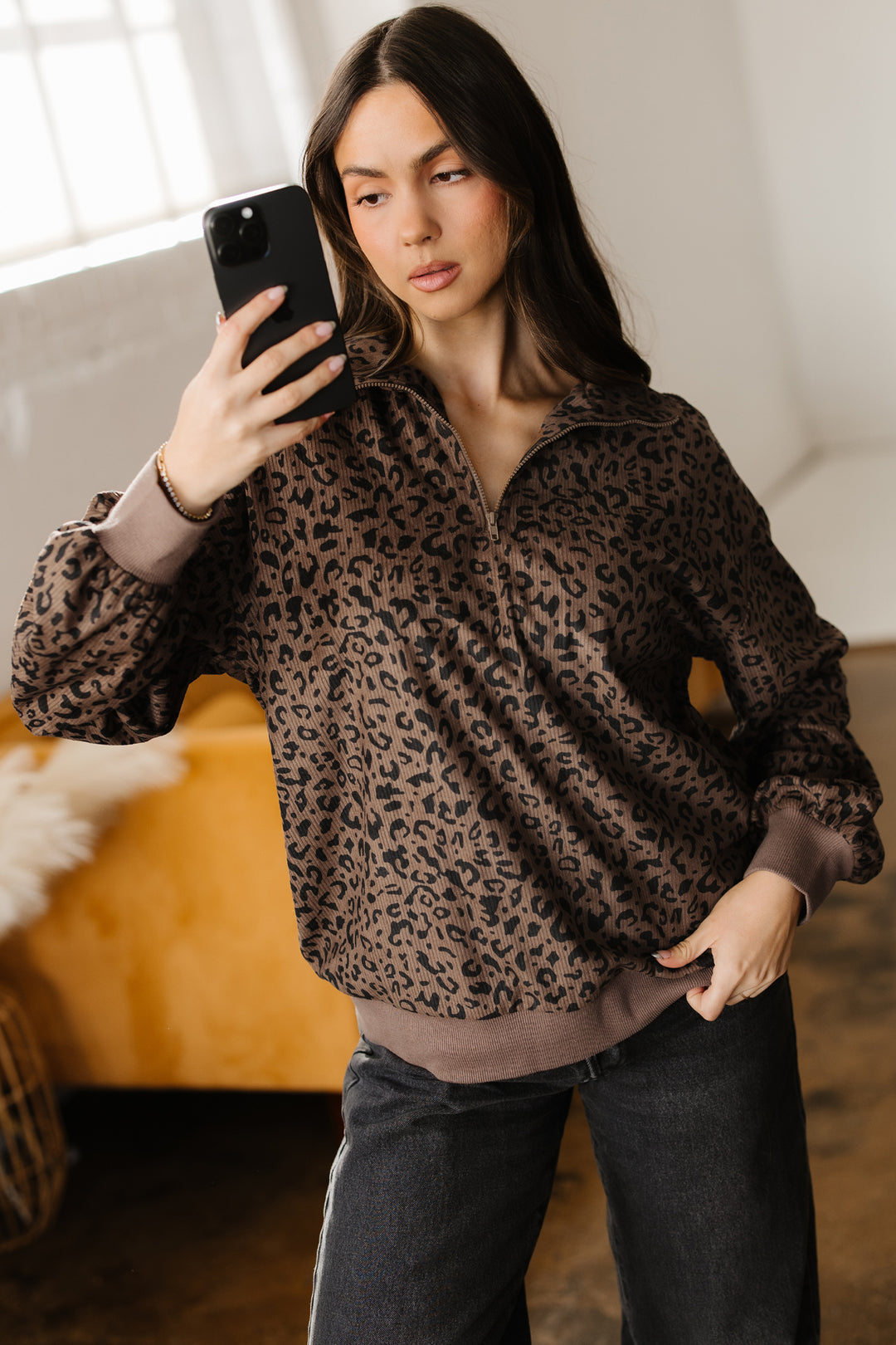 Leopard Print Quarter Zip Corduroy Sweatshirt
