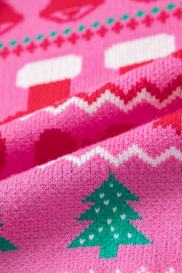 Pink Christmas Holiday Graphic Round Neck Knit Sweater