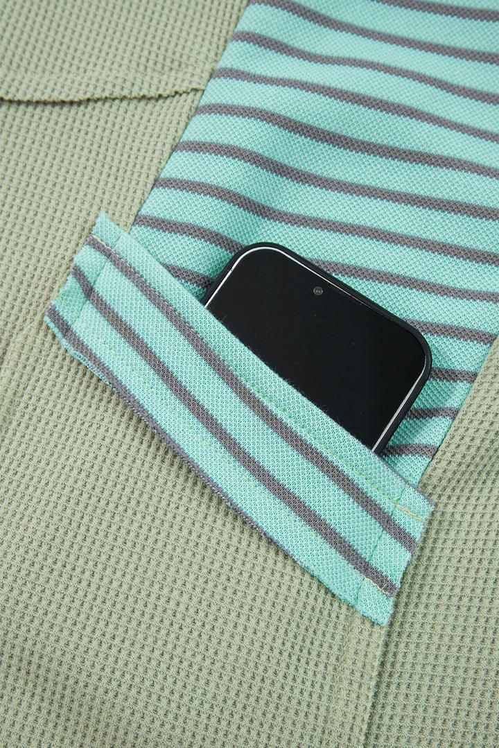 Meadow Mist Green Exposed Seam Waffle Striped Patchwork Baggy Pullover
