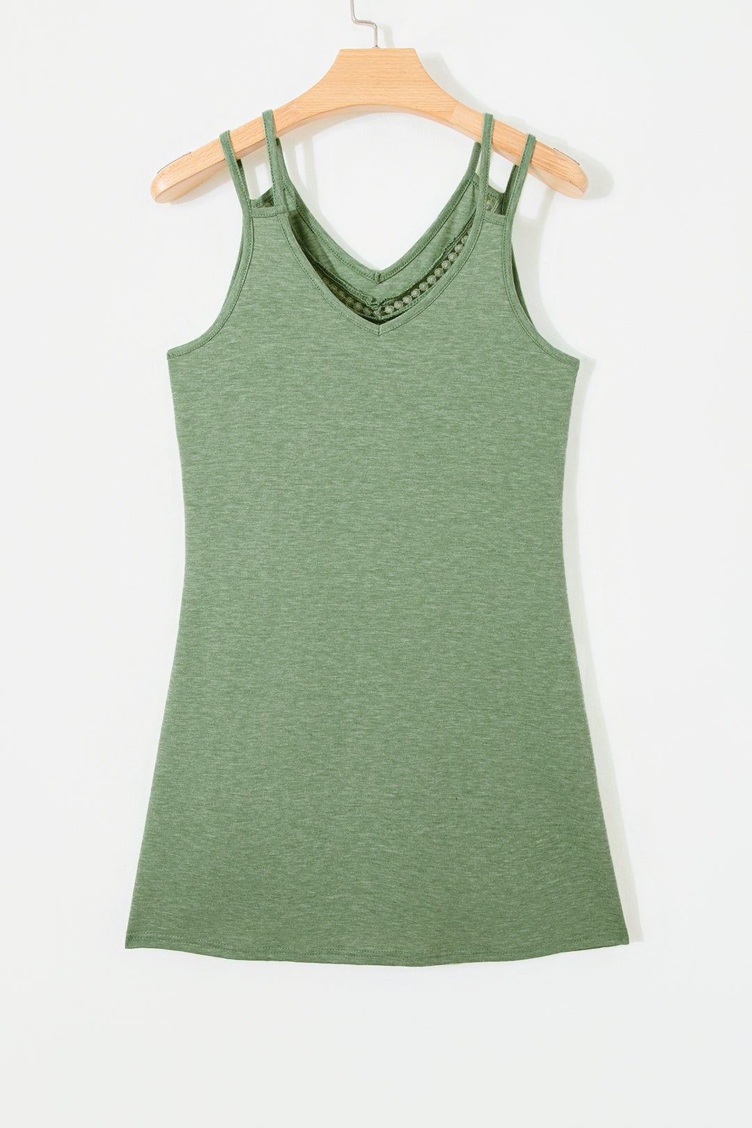 Grass Green Solid Color Lace Detail V Neck Sleeveless Shift Mini Dress