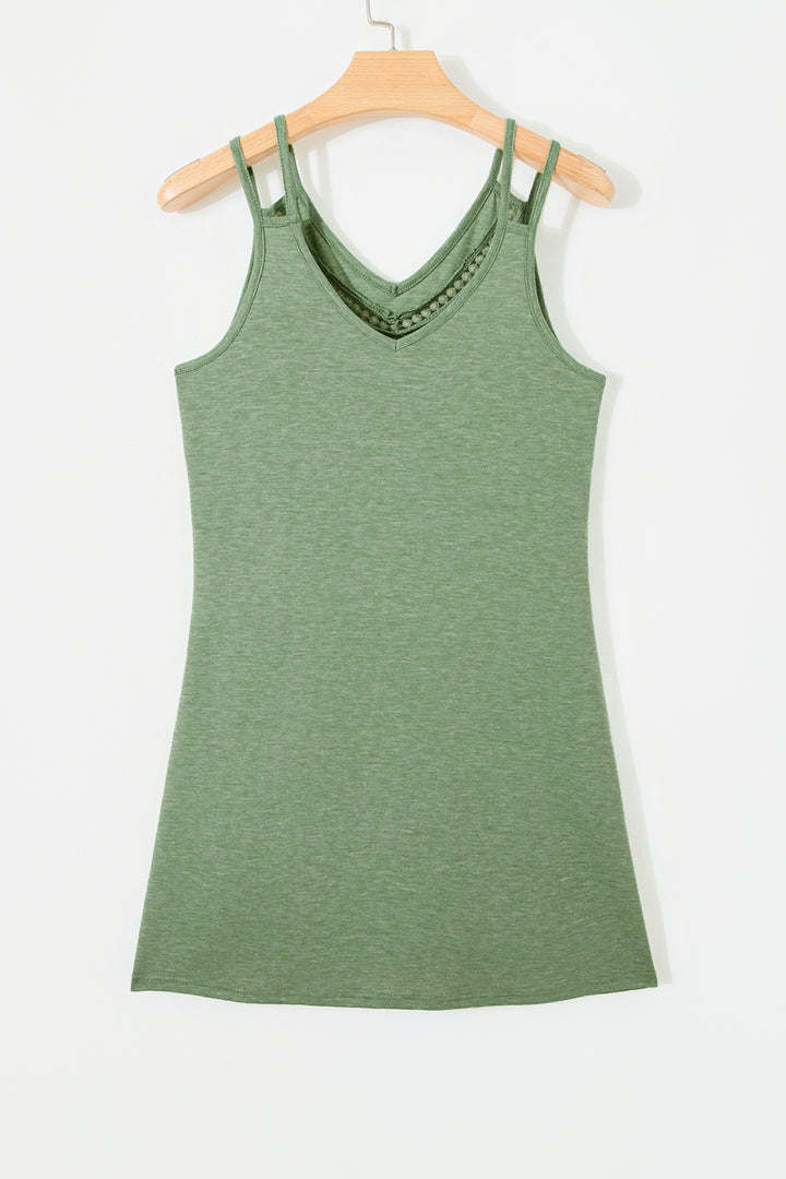 Grass Green Solid Color Lace Detail V Neck Sleeveless Shift Mini Dress