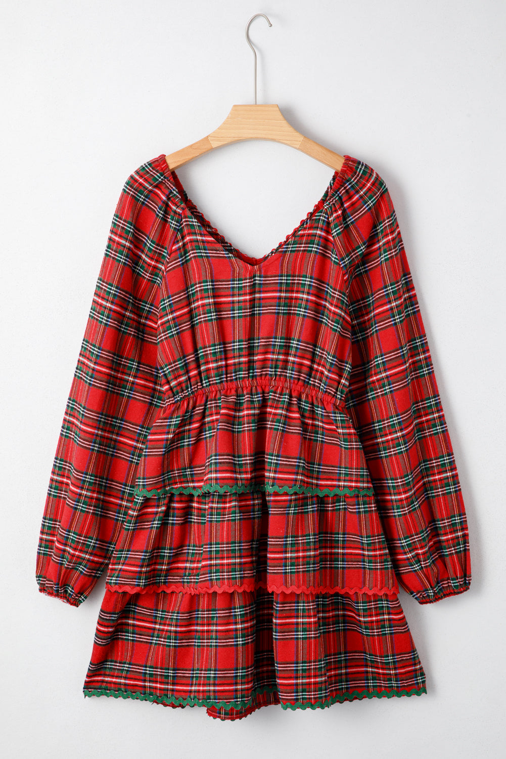 Plaid Print Ricrac Tiered Bubble Sleeve Mini Dress