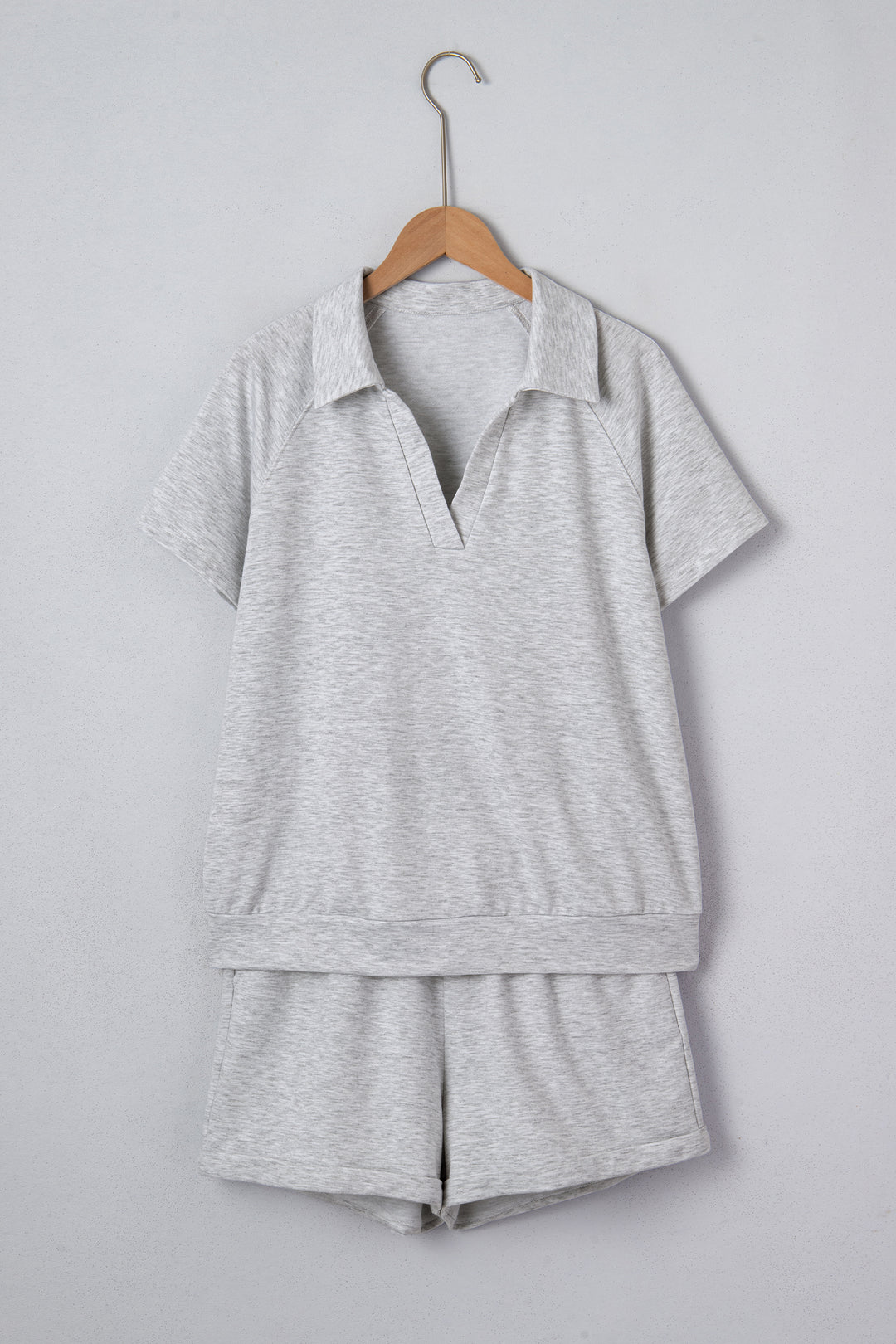 Light Grey Collared V Neck Tee Drawstring Elastic Waist Shorts 2pcs Outfit