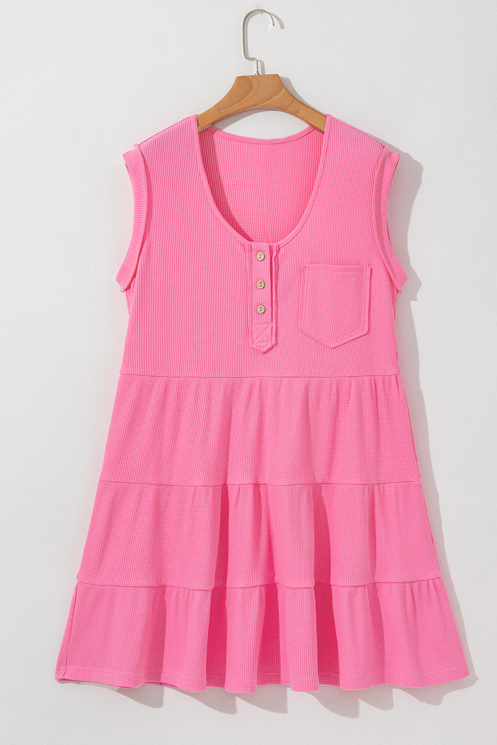Waffle Textured Button Round Neck A-line Tiered Sleeveless Dress