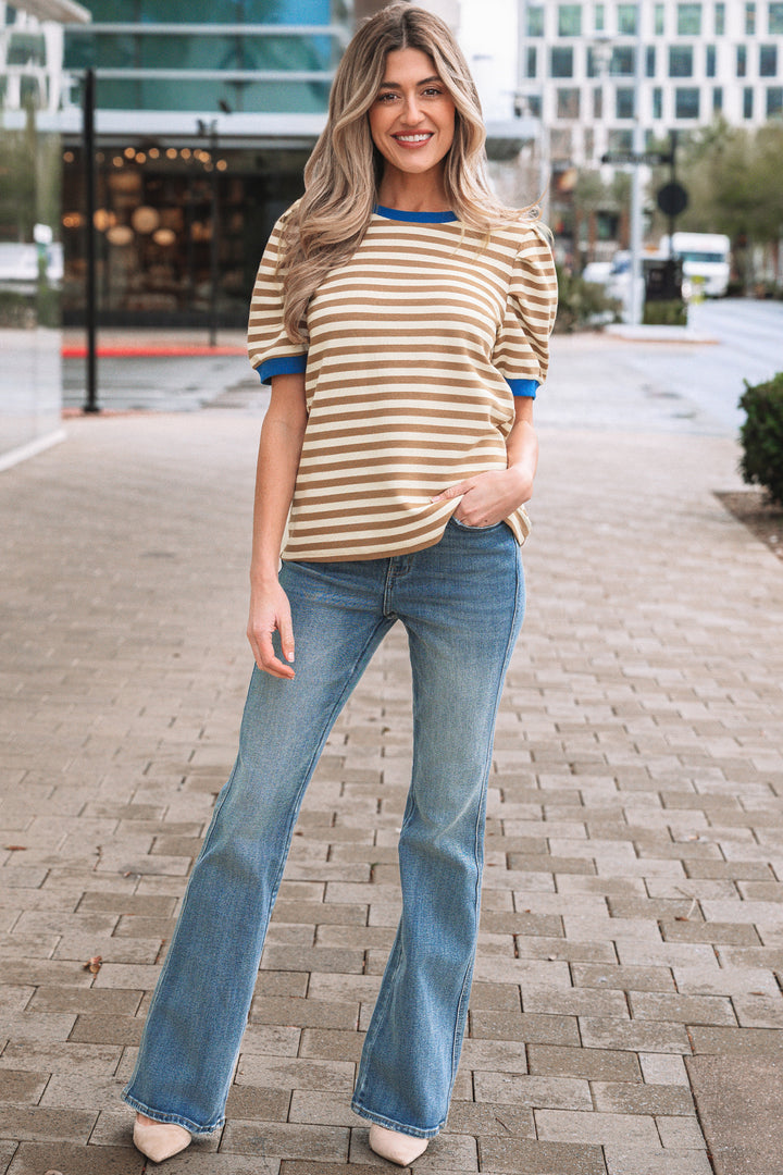 Short Puff Sleeve Contrast Trim Round Neck Tee