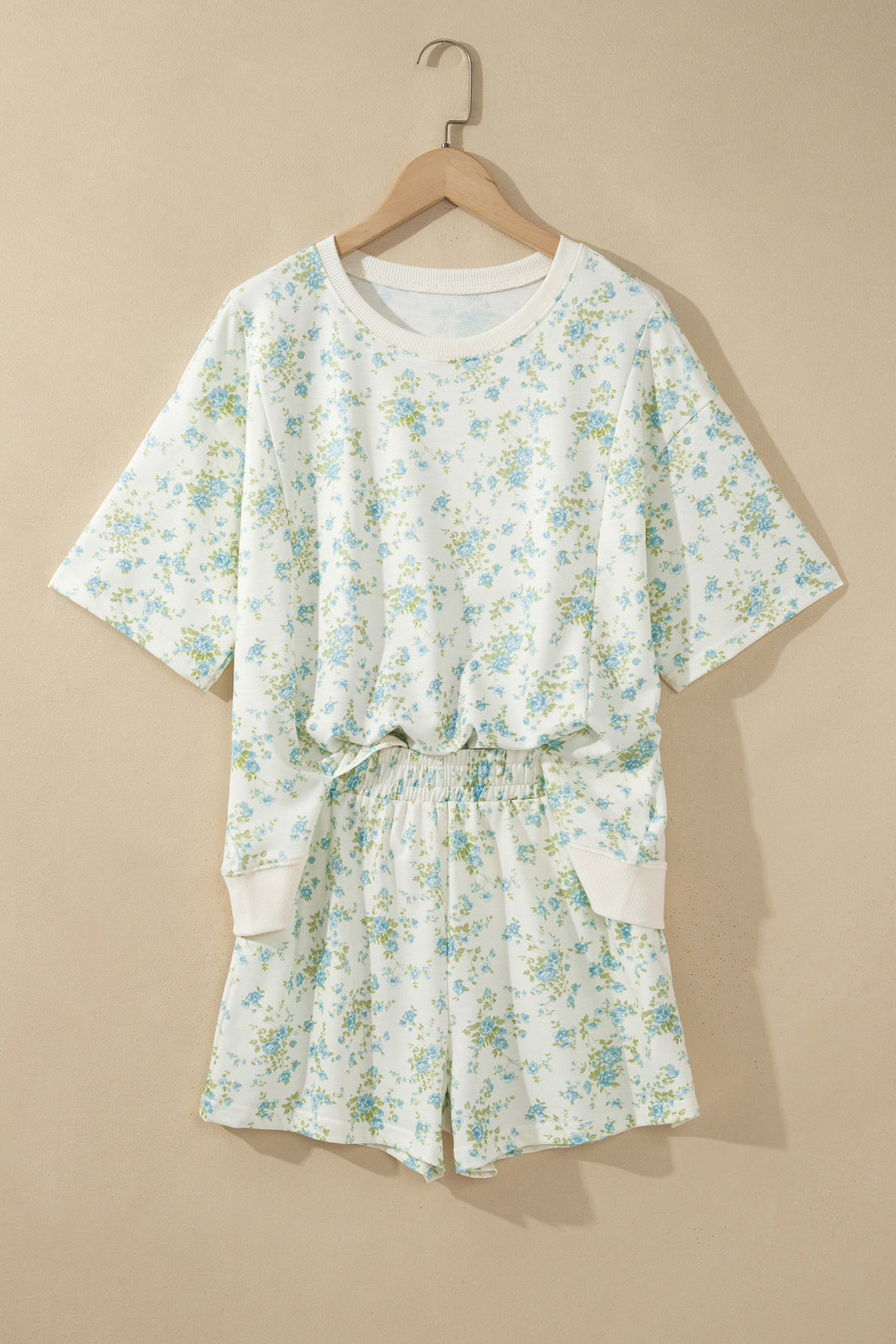 Sky Blue Floral Print Short Sleeve Elastic Waist Pocket Two Piece Set