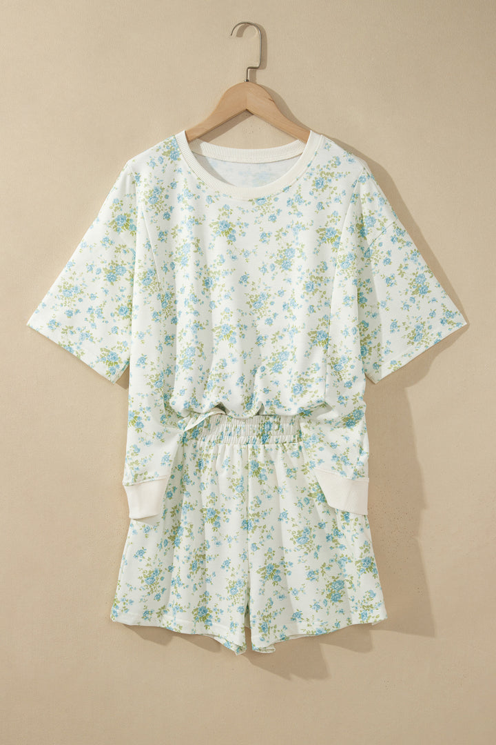Sky Blue Floral Print Short Sleeve Elastic Waist Pocket Two Piece Set