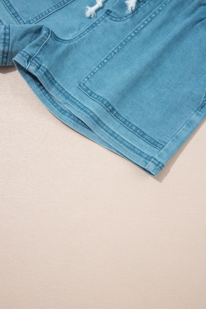 Beau Blue Contrast Drawstring Elastic Waistband Denim Shorts