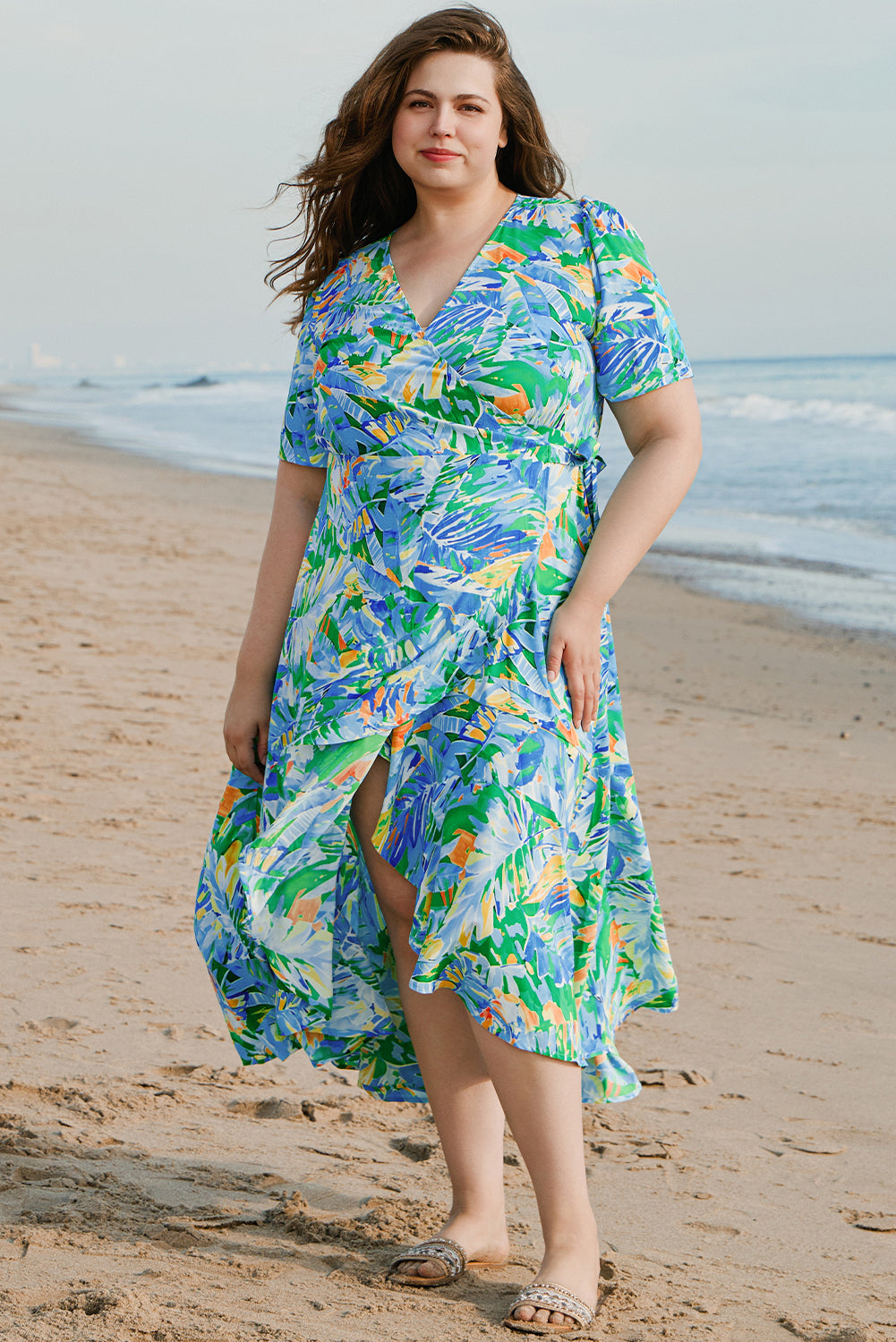 Leaves Print Short Sleeve Surplice Neck Ruffled Trim Plus Size Maxi Dress