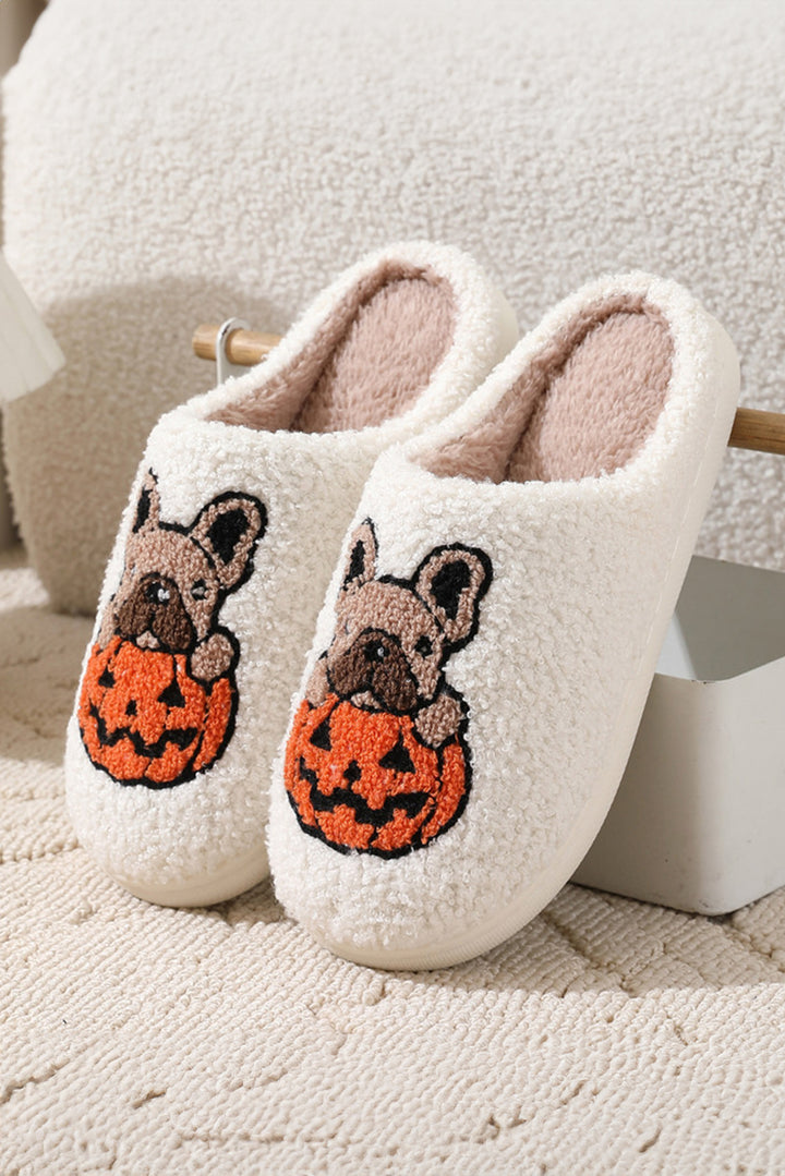 Flauschige Hausschuhe mit Halloween-Hunde-Kürbis-Muster