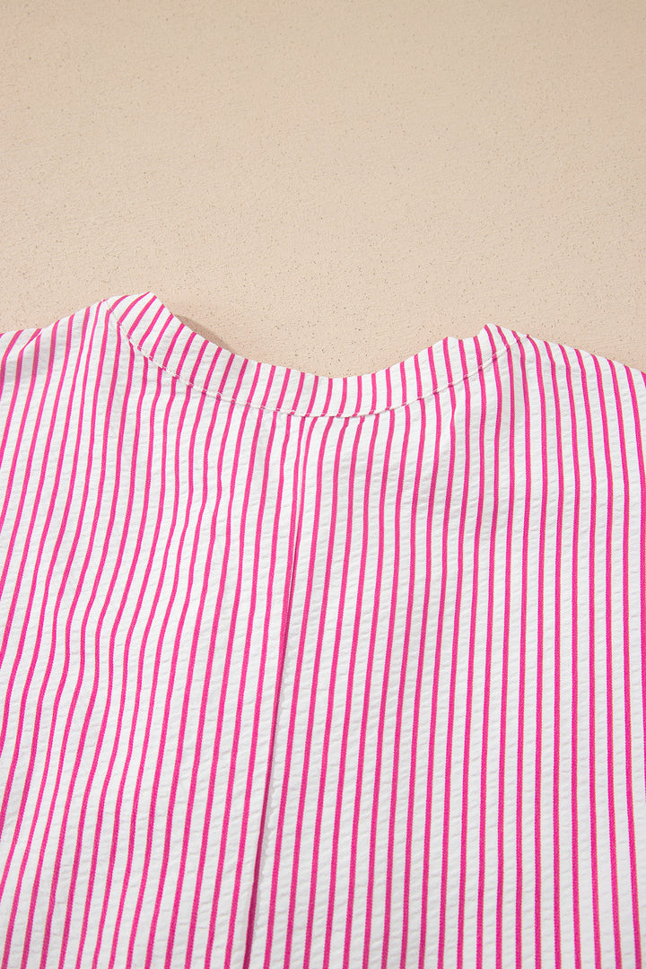 Red Stripe Frilled Detail Half Buttons Short Sleeve Long Dress