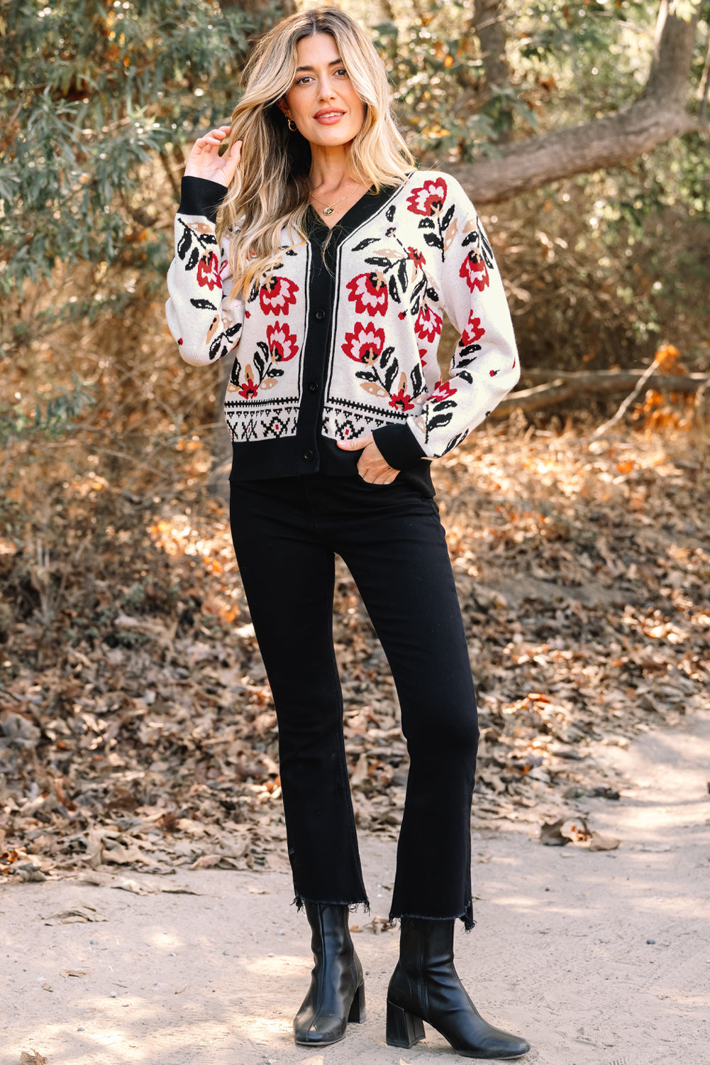 Floral Print Buttoned Front V Neck Knit Cardigan