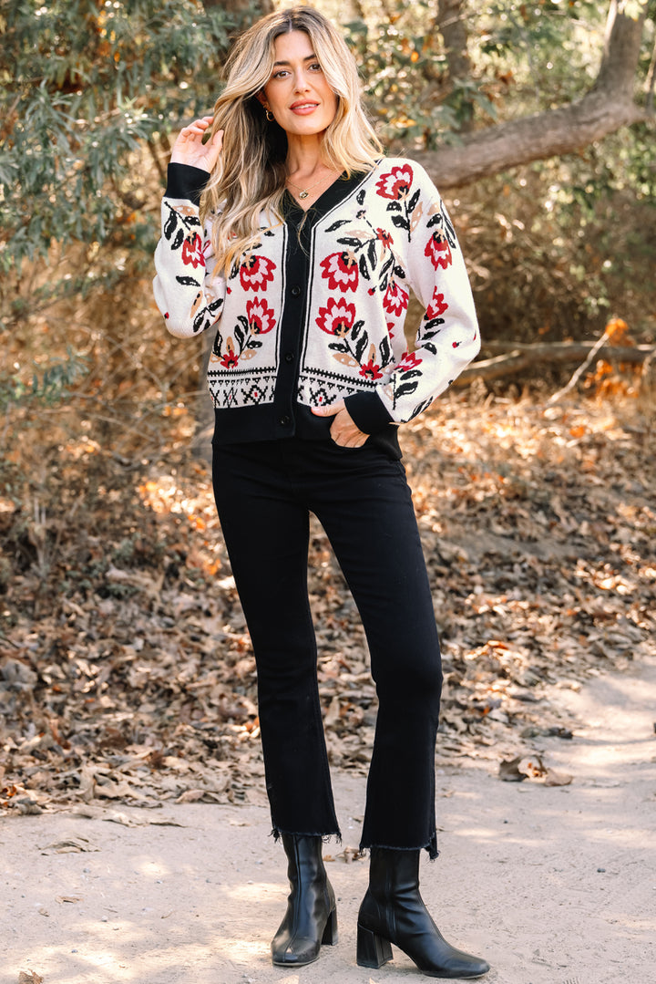 Floral Print Buttoned Front V Neck Knit Cardigan