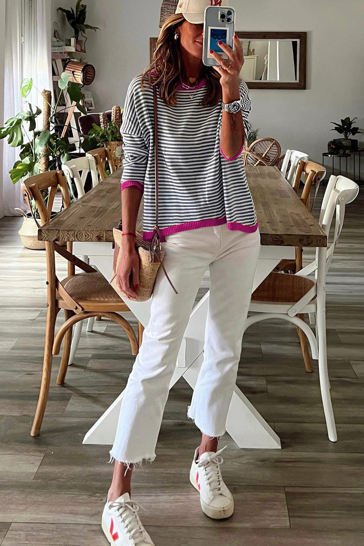 Sail Blue Striped Print Contrast Trim Drop Shoulder Sweater