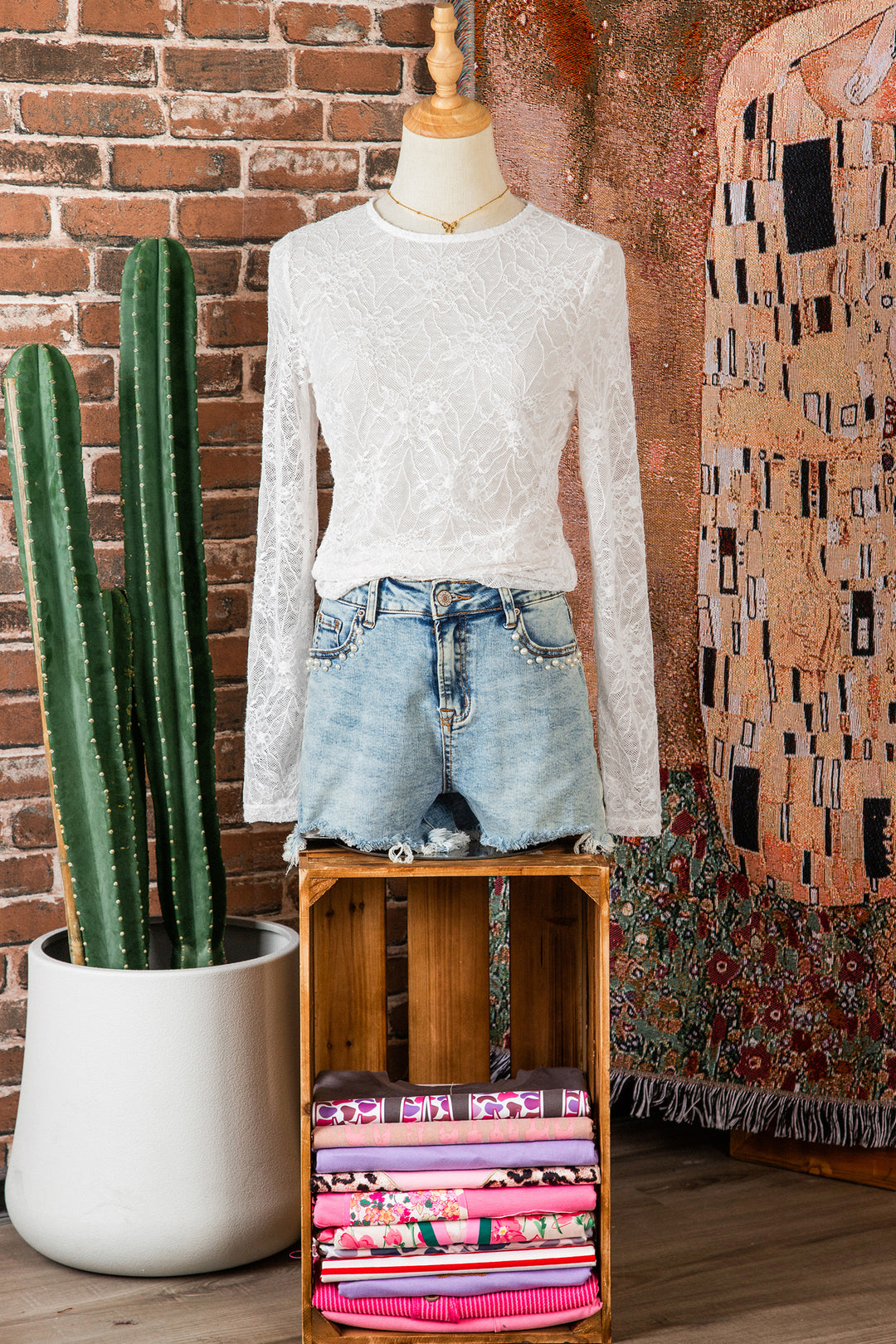 Beige Long Sleeve Sheer Mesh Lace Top