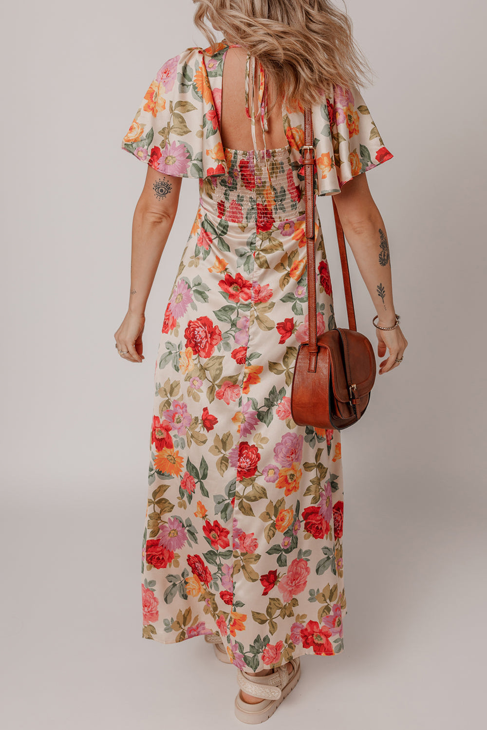 Vintage Floral V Neck Short Sleeve Tie Back Long Slit Dress