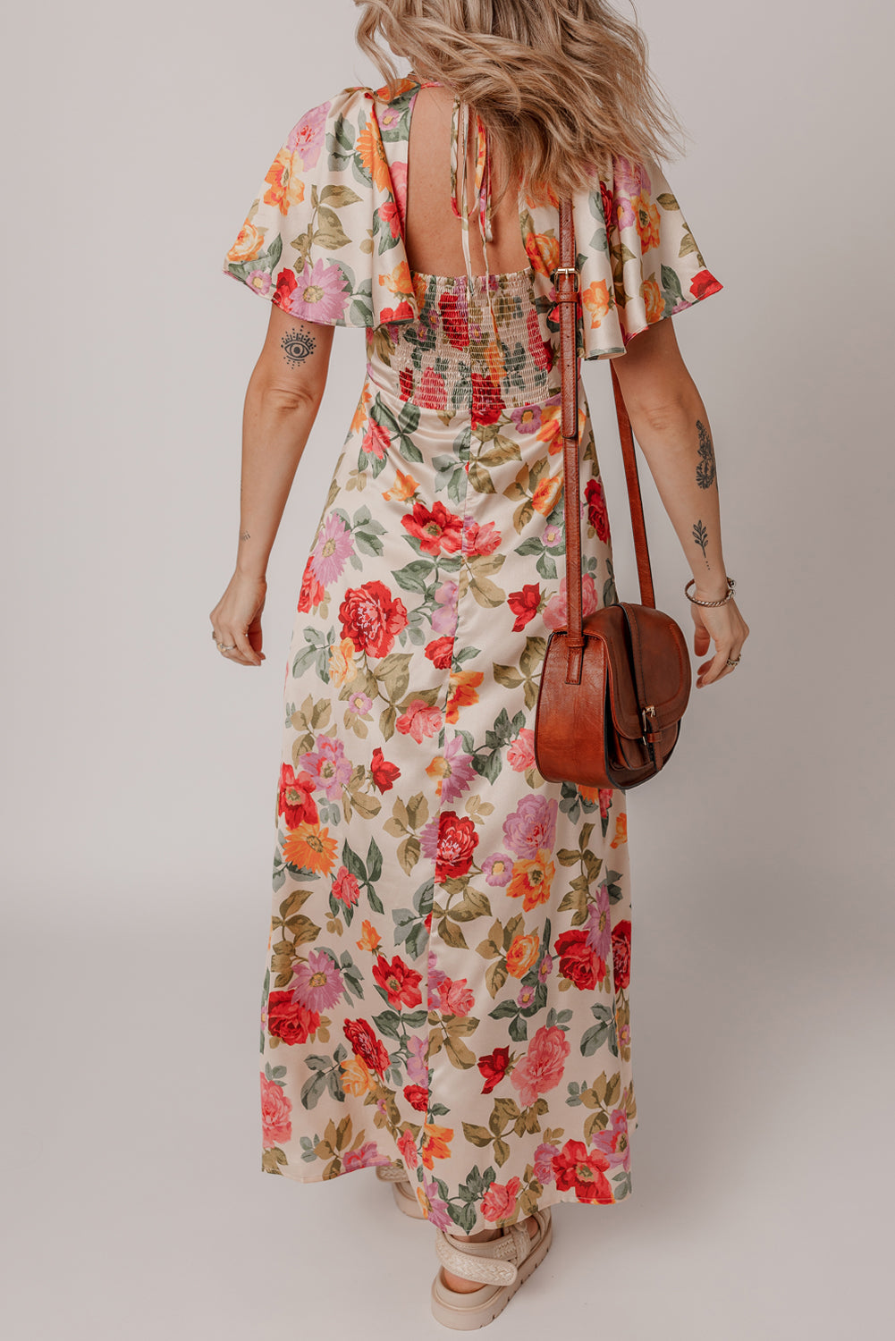 Vintage Floral V Neck Short Sleeve Tie Back Long Slit Dress