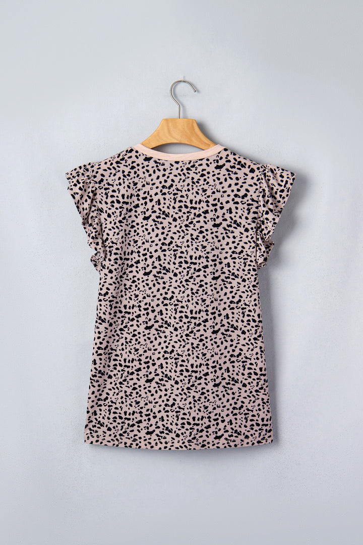 Black Cheetah Print V Neck Ruffle Trim Loose Tank Top