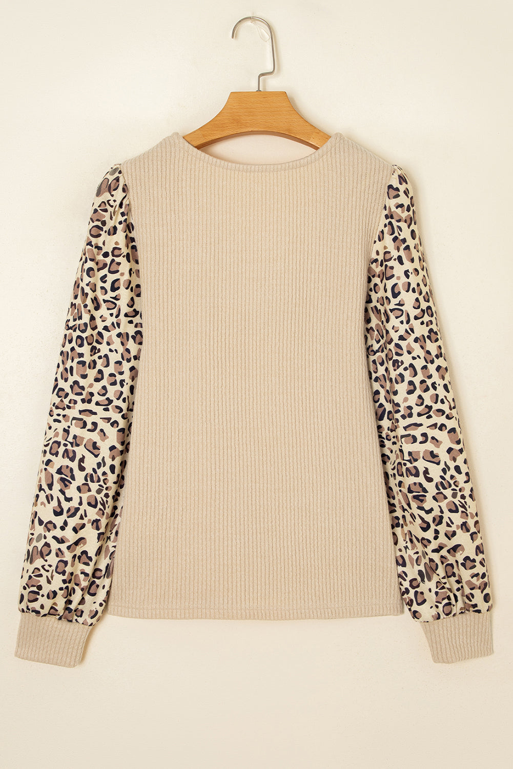 Leopard Sleeve Patchwork Ribbed Knit U Neck Top