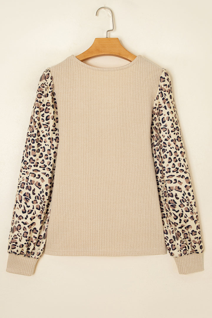 Leopard Sleeve Patchwork Ribbed Knit U Neck Top