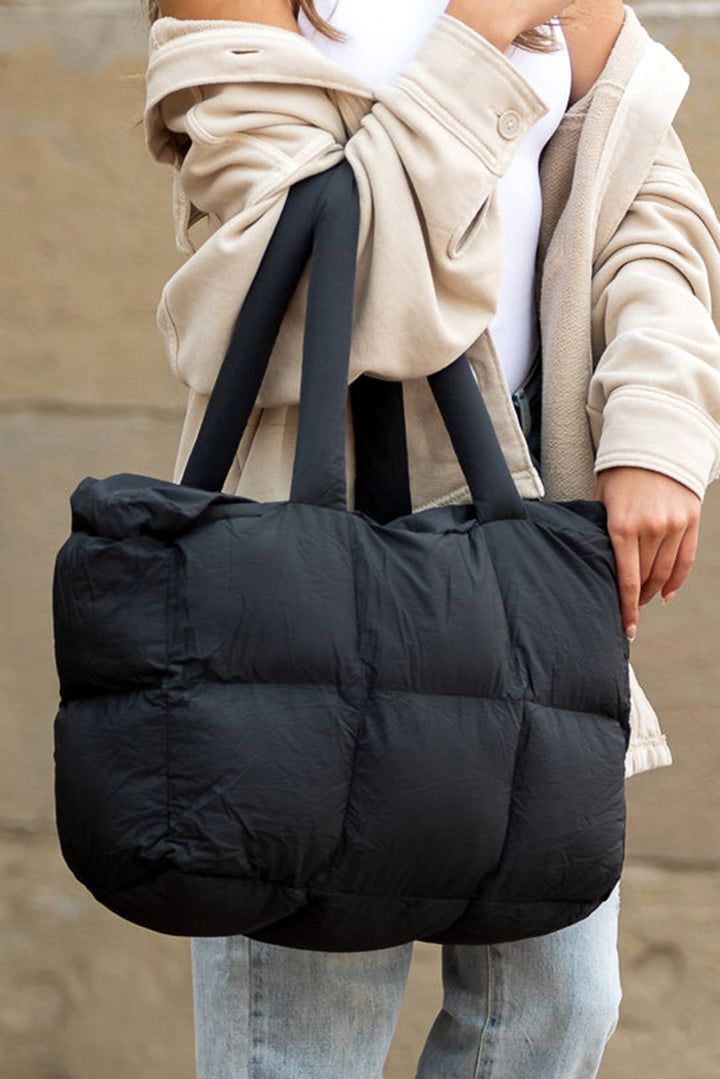 Solid Quilted Puffy Zipped Large Tote Bag
