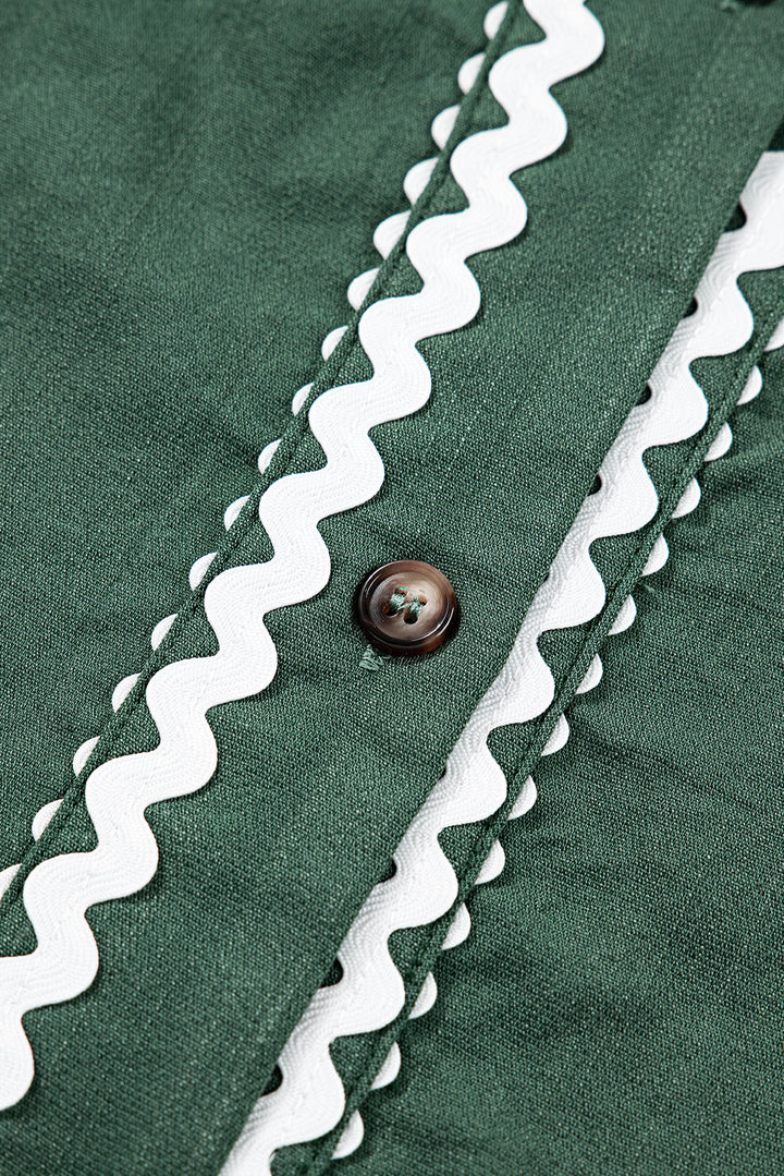 Contrast Ricrac Trim Button V Neck Knotted Bracelet Sleeve Shift Dress