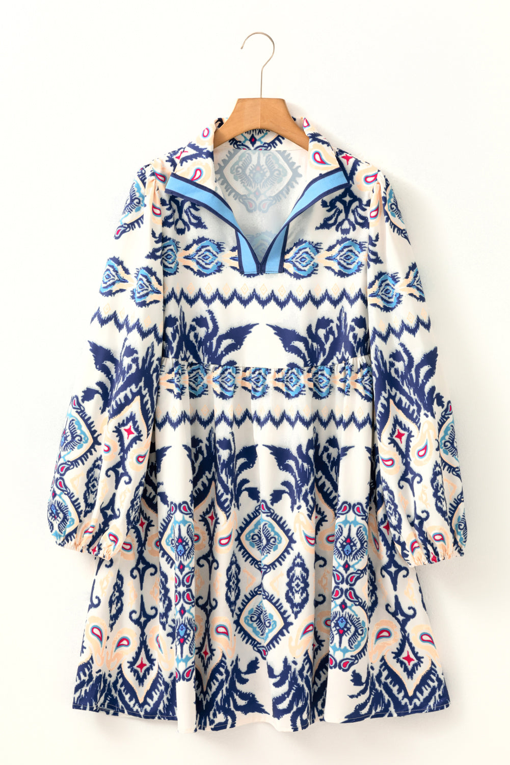 Boho Blue Ethnic Print Striped Split Neck Long Sleeve Flowy Mini Dress