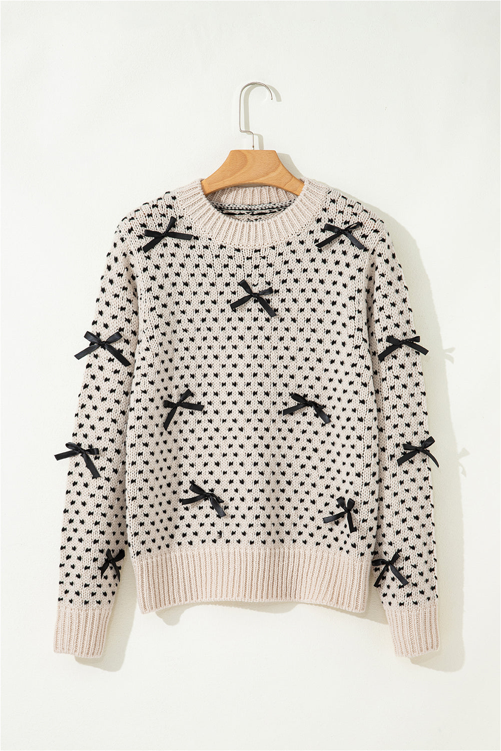 Bow Decor Color Contrast Ribbed Edge Crew Neck Sweater