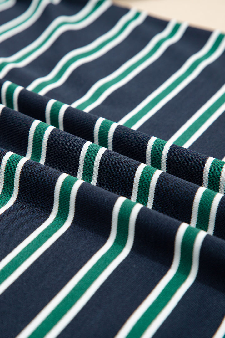 Green Stripe Ribbed Color Block Patchwork Crew Neck Patch Pocket Long Sleeve Top