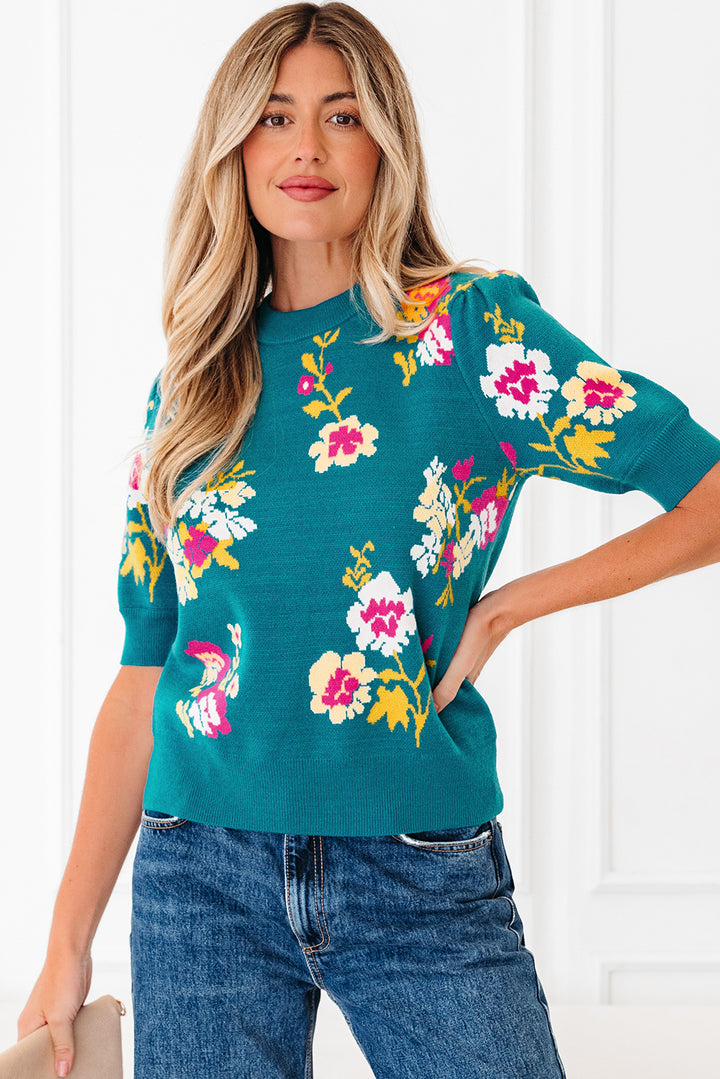 Flower Pattern Mock Neck Short Sleeve Knitted T Shirt