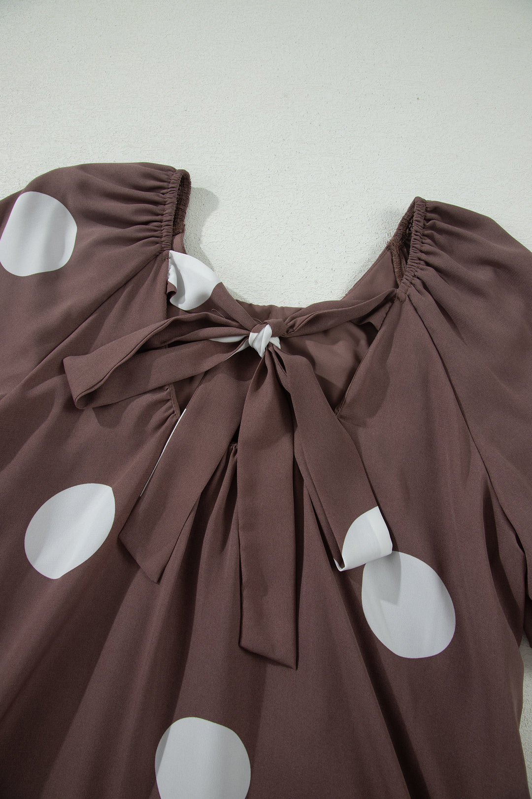 Brown Polka Dot Print Knot Back Short Puff Sleeve Loose Mini Dress