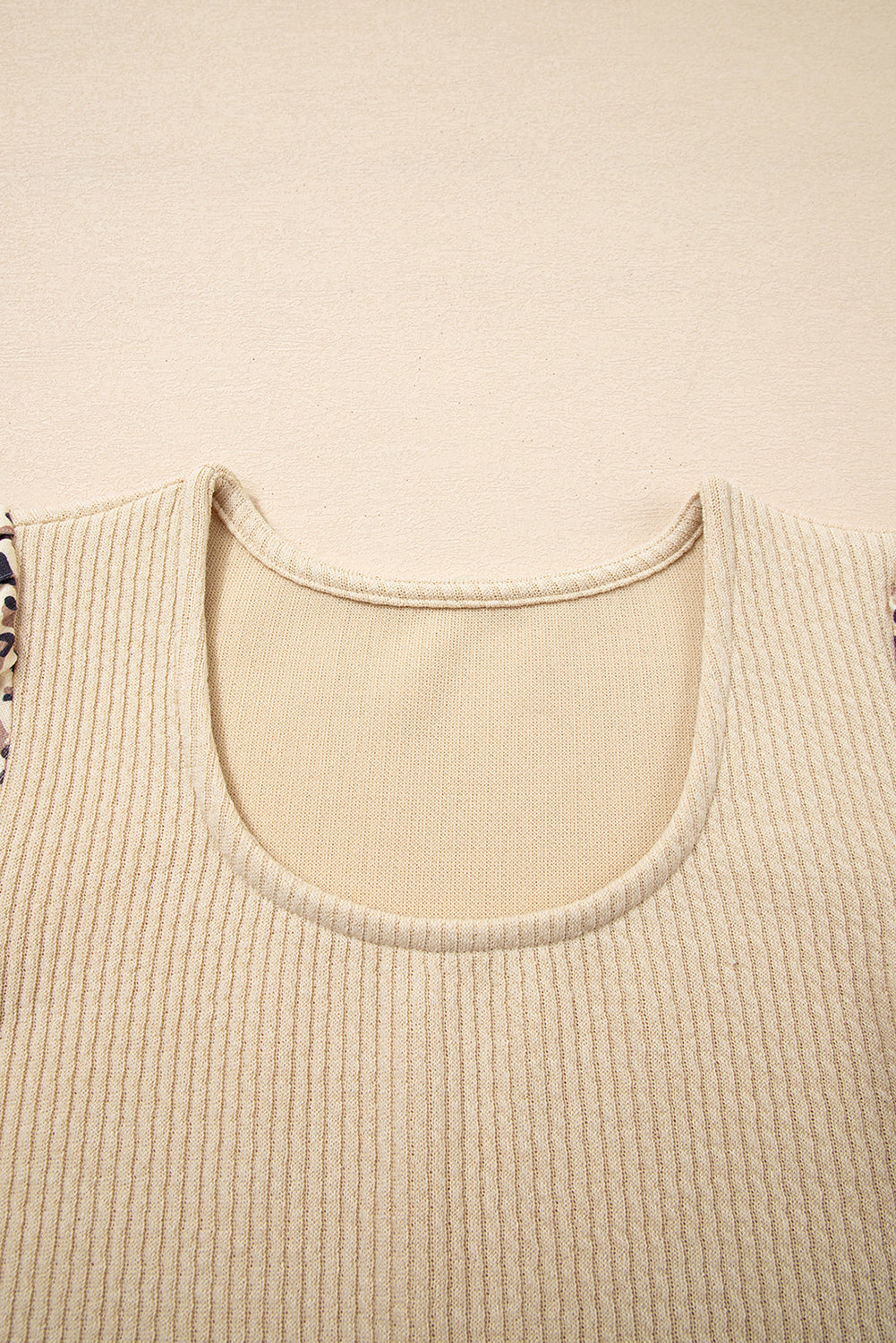 Leopard Sleeve Patchwork Ribbed Knit U Neck Top