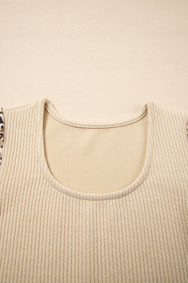 Leopard Sleeve Patchwork Ribbed Knit U Neck Top