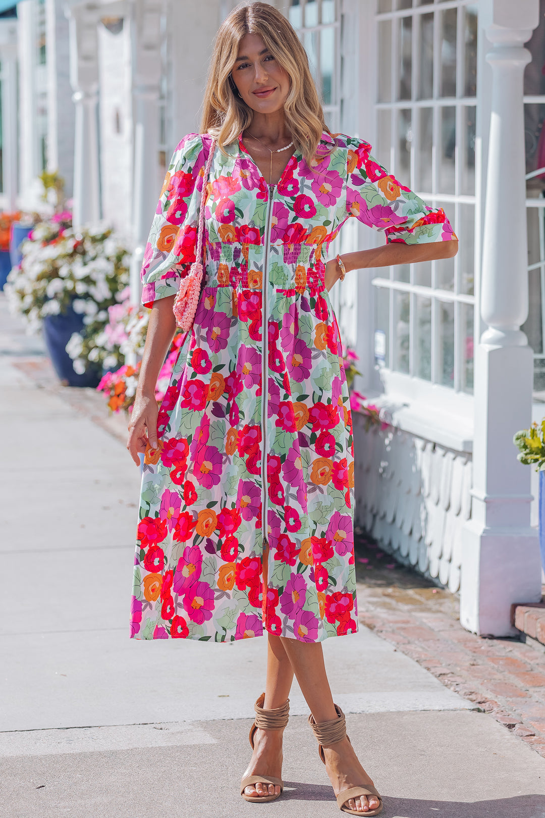 Rose Vibrant Floral Print Zip Up Puffy Half Sleeve Dress
