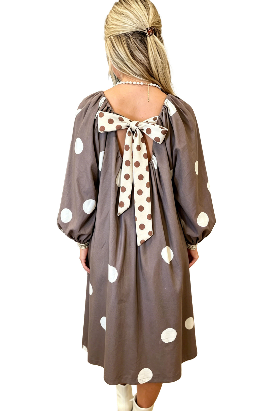 Brown Polka Dot Contrast Bow Knot Back Long Sleeve Midi Dress