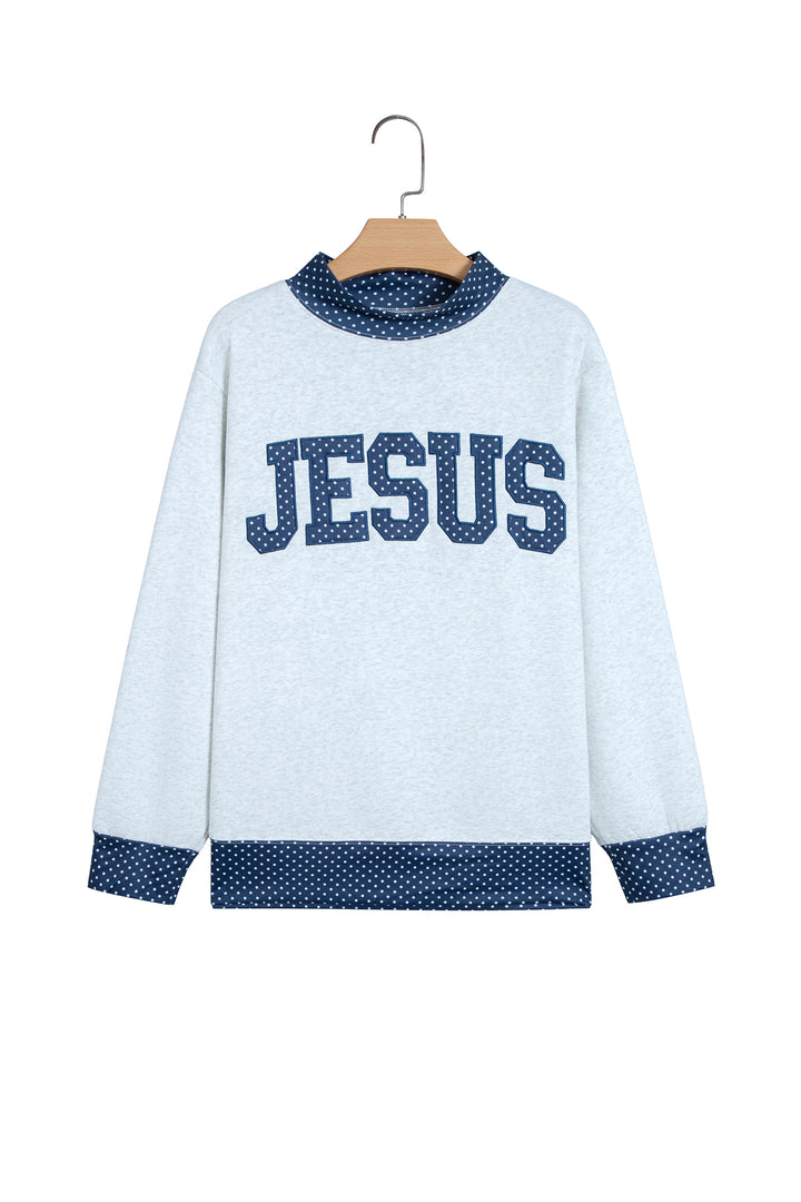 Light Grey Polka Dot Contrast Trim JESUS Letter Graphic Sweatshirt