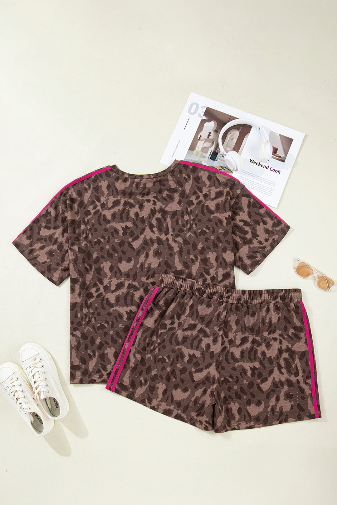 Brown Retro Leopard Print Plus Size 2pcs Short Set