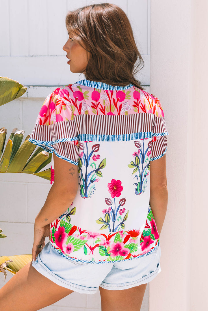 Floral Striped Patchwork Short Sleeve Split Neck Blouse